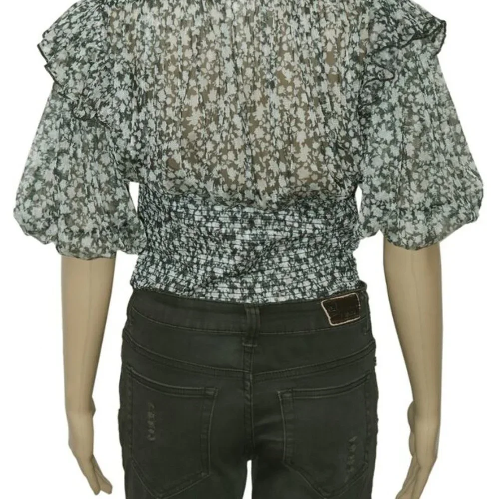 Free People Beatrice Lace-Up Top Printed Sheer Smocked Puff Sleeve